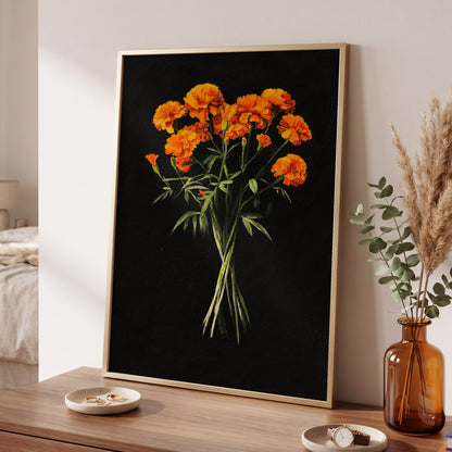 Ember Petal Bouquet, black, orange, green floral wall art displayed in a styled interior, gallery view 2