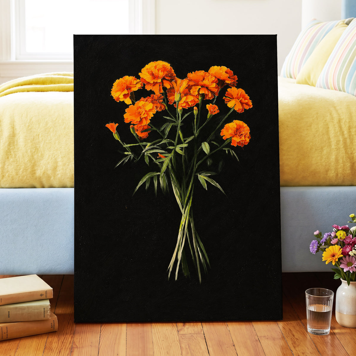 Ember Petal Bouquet, black, orange, green floral wall art displayed in a styled interior, gallery view 3