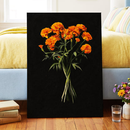 Ember Petal Bouquet, black, orange, green floral wall art displayed in a styled interior, gallery view 3