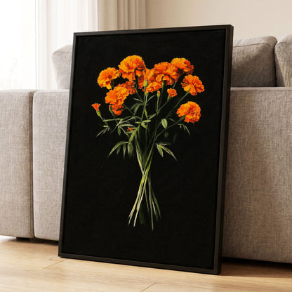 Ember Petal Bouquet, black, orange, green floral wall art displayed in a styled interior, gallery view 4