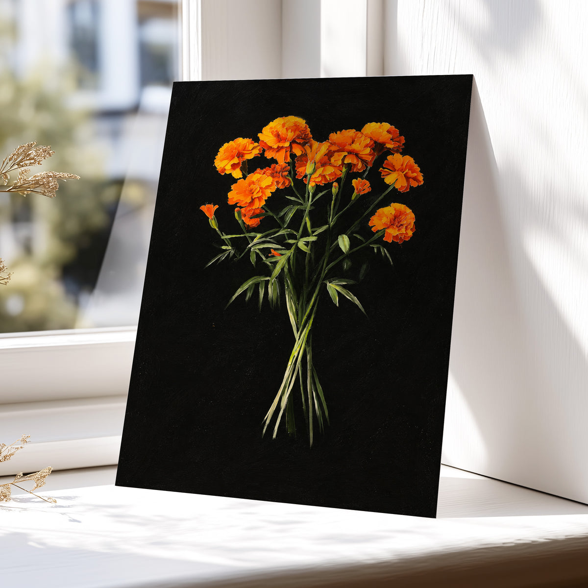 Ember Petal Bouquet, black, orange, green floral wall art displayed in a styled interior, gallery view 5