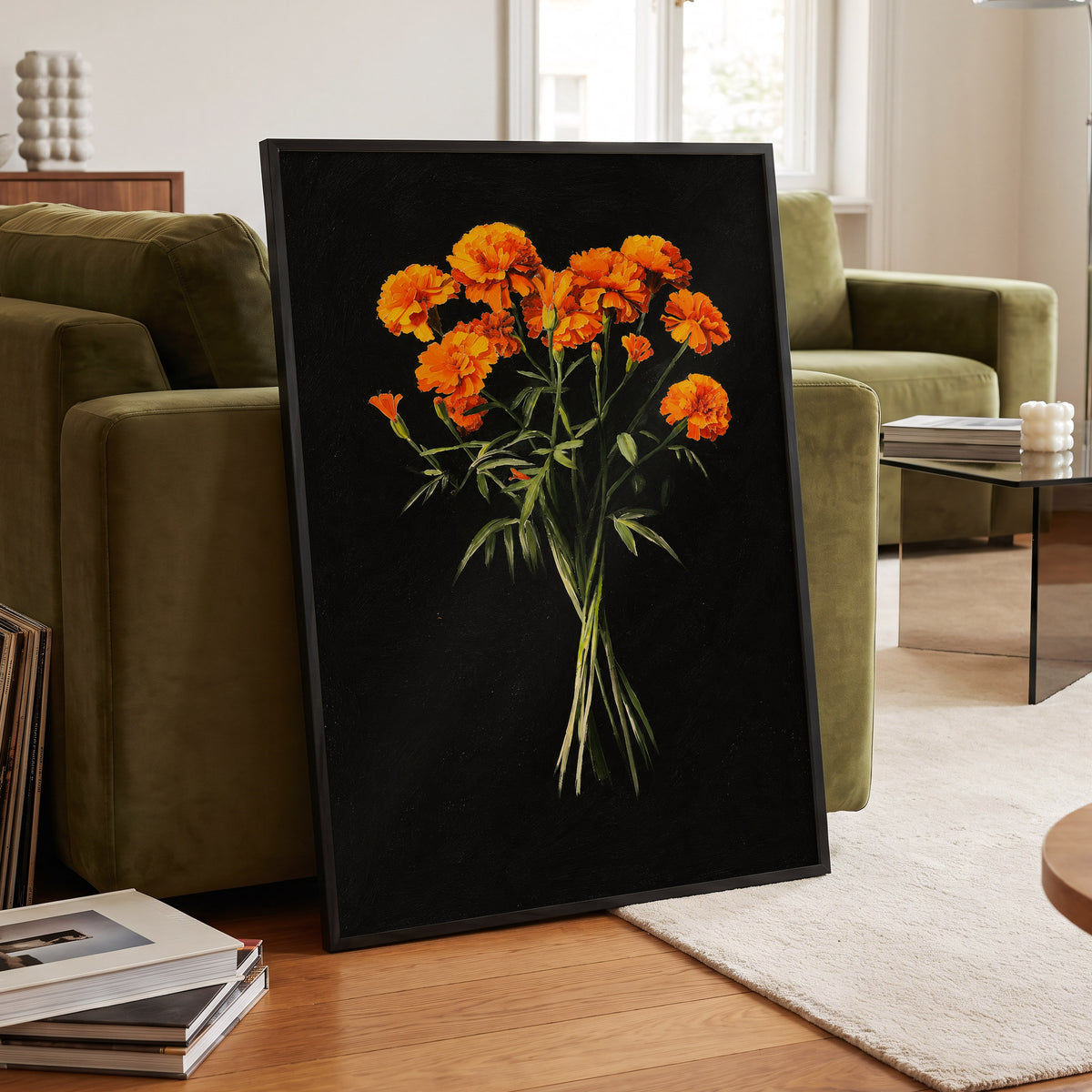 Ember Petal Bouquet, black, orange, green floral wall art displayed in a styled interior, gallery view 6