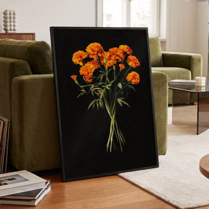 Ember Petal Bouquet, black, orange, green floral wall art displayed in a styled interior, gallery view 6