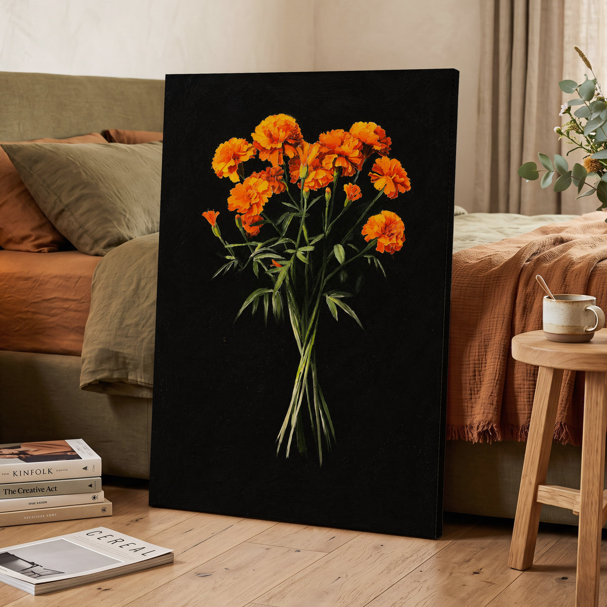 Ember Petal Bouquet, black, orange, green floral wall art displayed in a styled interior, gallery view 7