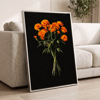 Ember Petal Bouquet, black, orange, green floral wall art displayed in a styled interior, gallery view 8