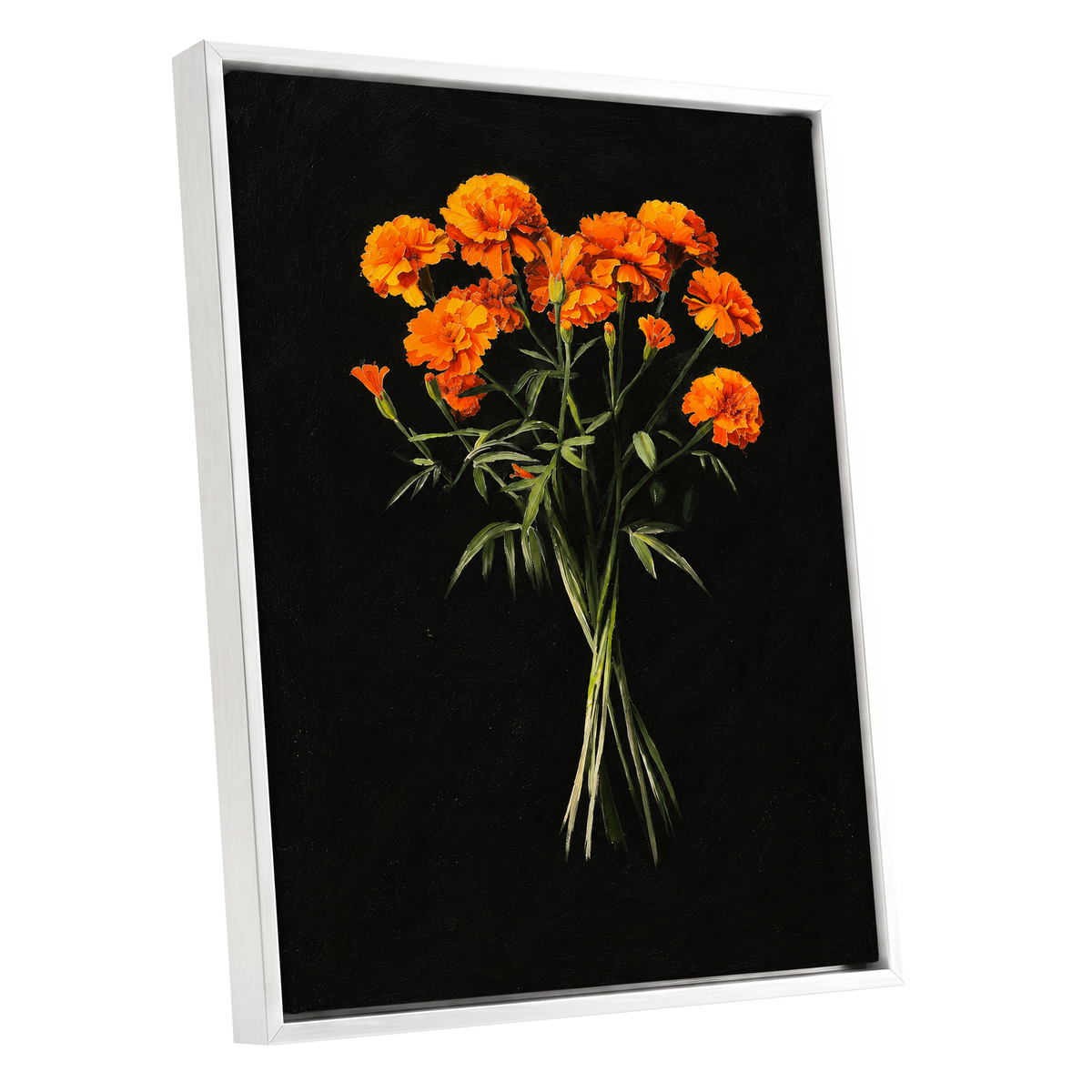 Ember Petal Bouquet, black, orange, green floral wall art shown as a white framed canvas wall art