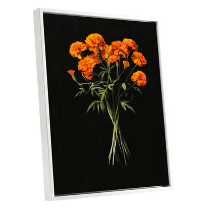 Ember Petal Bouquet, black, orange, green floral wall art shown as a white framed canvas wall art