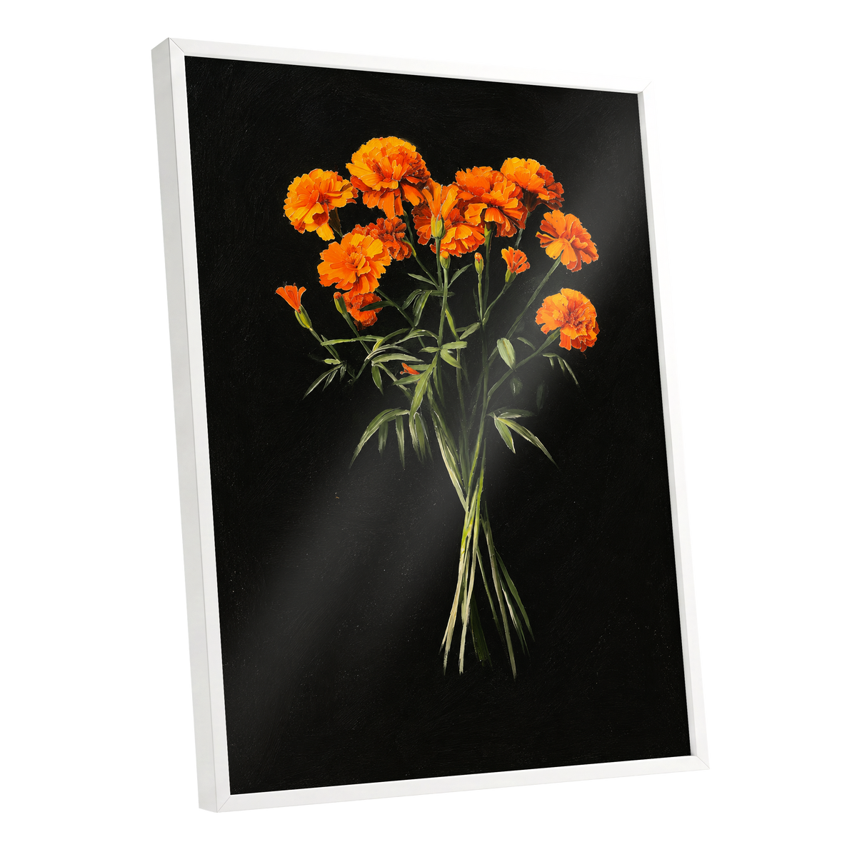 Ember Petal Bouquet, black, orange, green floral wall art shown as a white framed poster wall art print