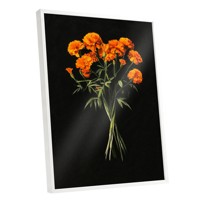 Ember Petal Bouquet, black, orange, green floral wall art shown as a white framed poster wall art print
