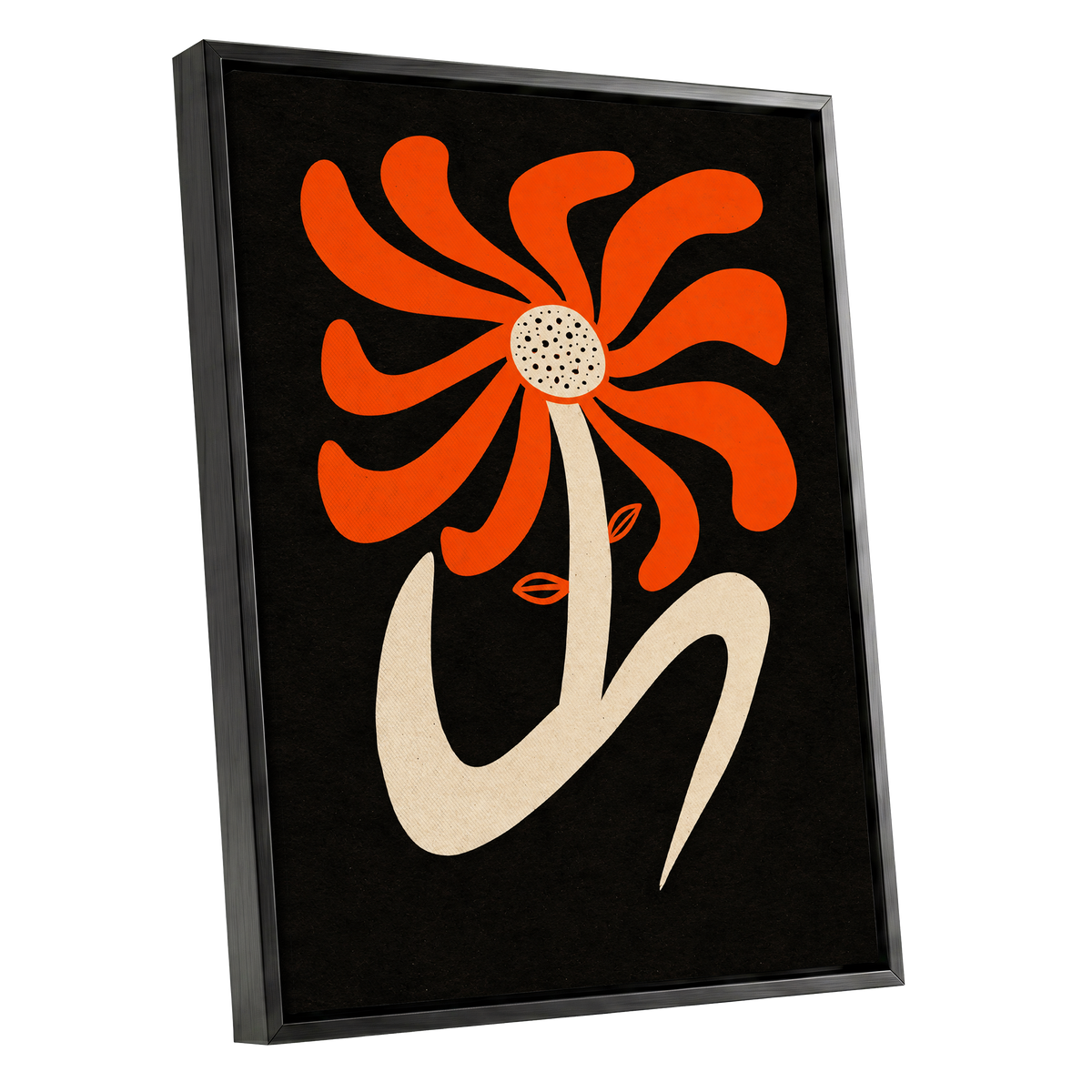 Ember Petal Dance, orange, black, beige floral wall art shown as a black framed canvas wall art
