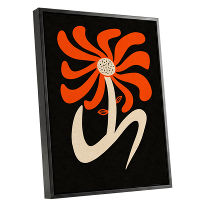 Ember Petal Dance, orange, black, beige floral wall art shown as a black framed canvas wall art
