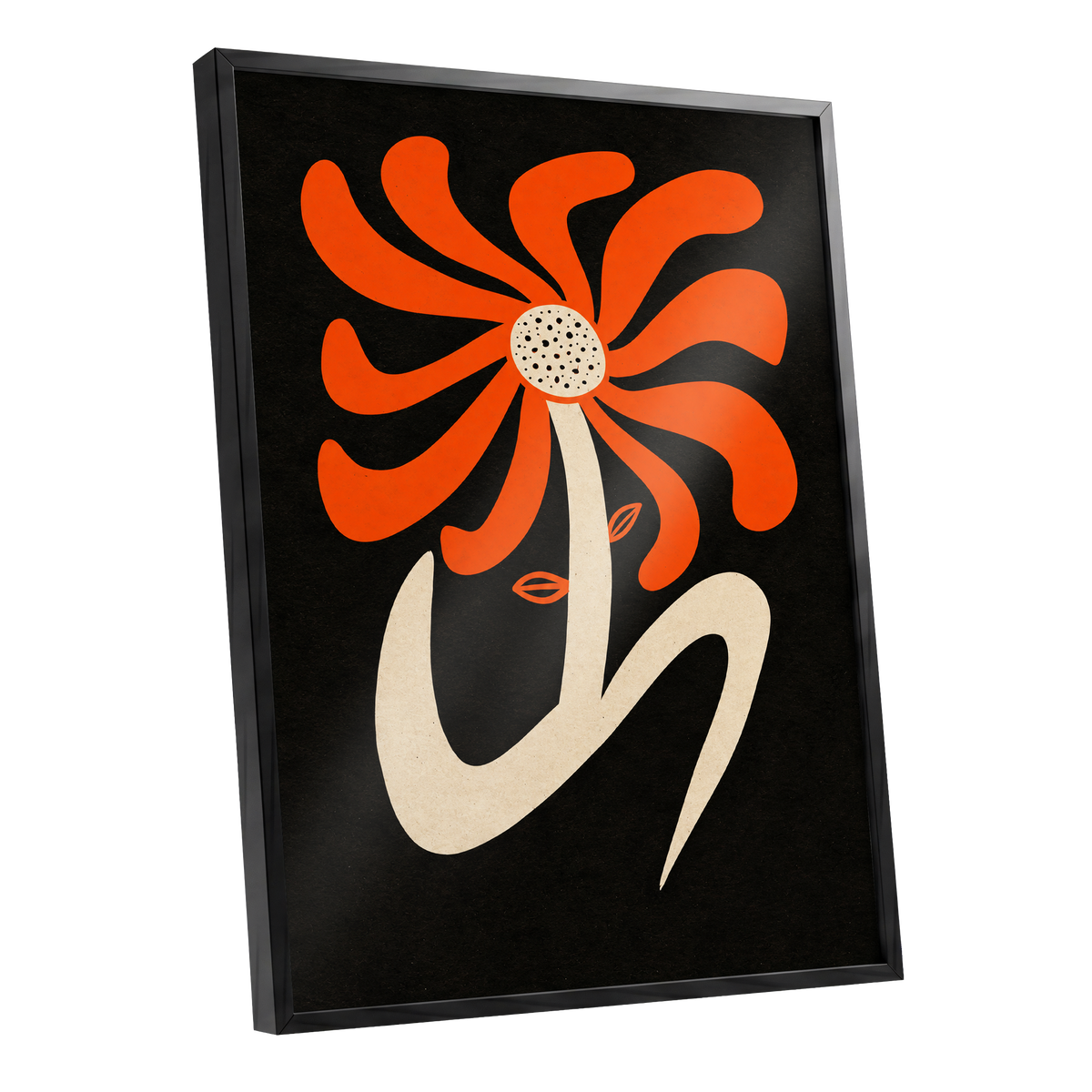 Ember Petal Dance, orange, black, beige floral wall art shown as a black framed poster wall art print