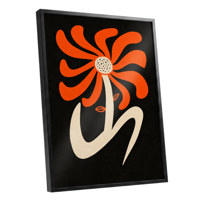 Ember Petal Dance, orange, black, beige floral wall art shown as a black framed poster wall art print