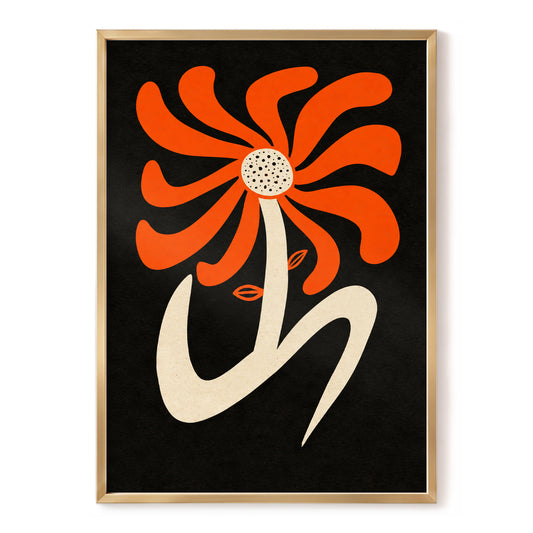 Ember Petal Dance, orange, black, beige floral wall art, front artwork view