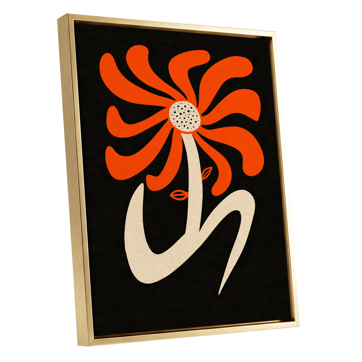 Ember Petal Dance, orange, black, beige floral wall art shown as a gold framed canvas wall art