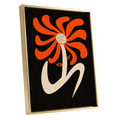 Ember Petal Dance, orange, black, beige floral wall art shown as a gold framed canvas wall art