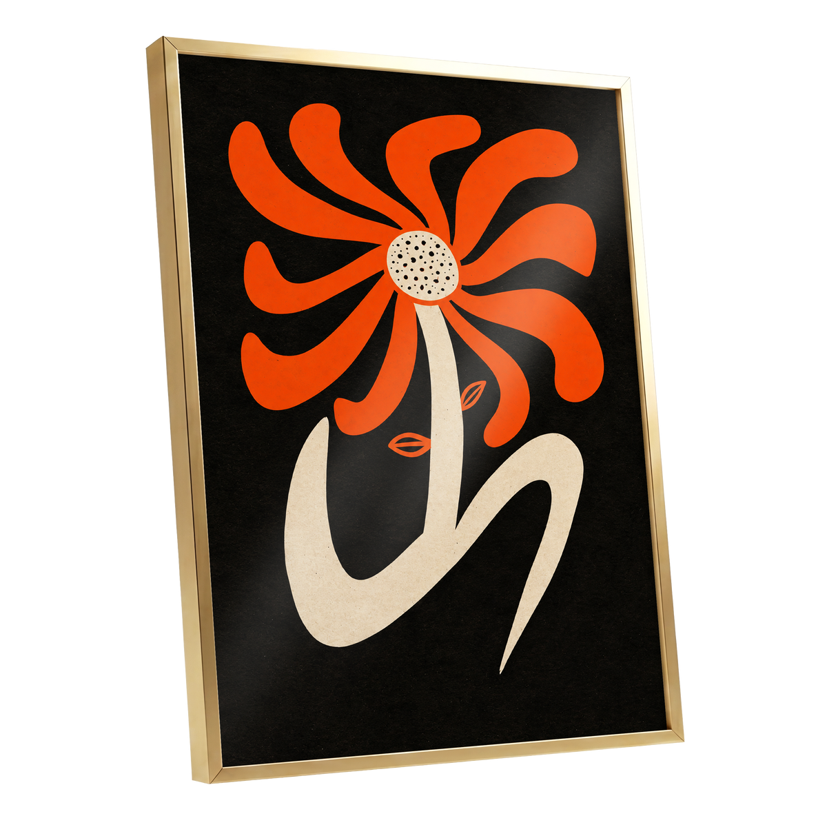Ember Petal Dance, orange, black, beige floral wall art shown as a gold framed poster wall art print