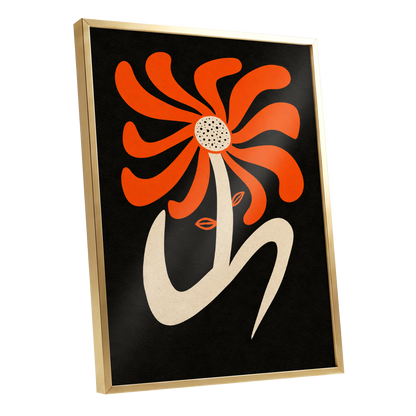 Ember Petal Dance, orange, black, beige floral wall art shown as a gold framed poster wall art print