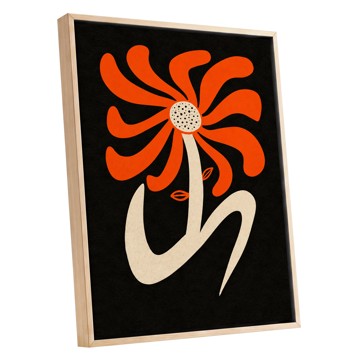 Ember Petal Dance, orange, black, beige floral wall art shown as a oak framed canvas wall art