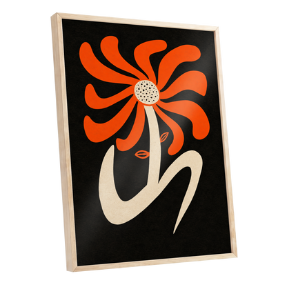 Ember Petal Dance, orange, black, beige floral wall art shown as a oak framed poster wall art print