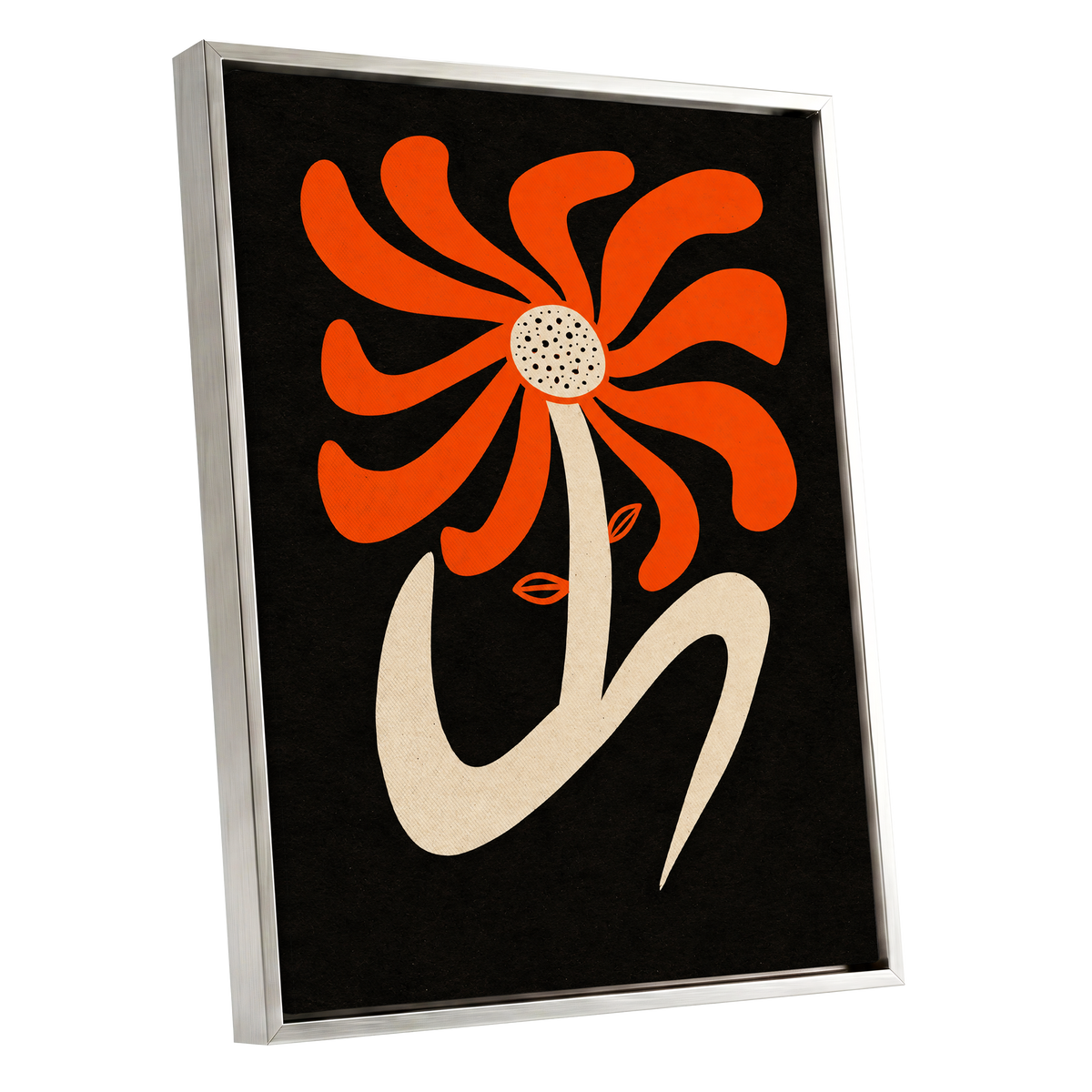 Ember Petal Dance, orange, black, beige floral wall art shown as a silver framed canvas wall art