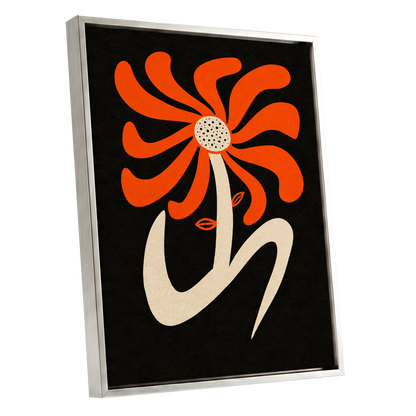 Ember Petal Dance, orange, black, beige floral wall art shown as a silver framed canvas wall art