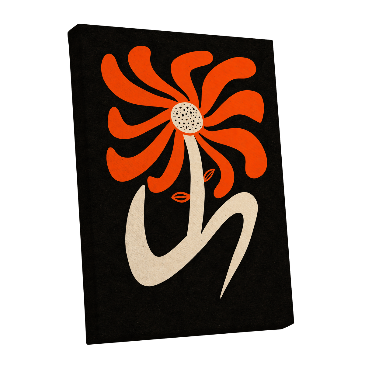 Ember Petal Dance, orange, black, beige floral wall art shown as a stretched canvas wall art
