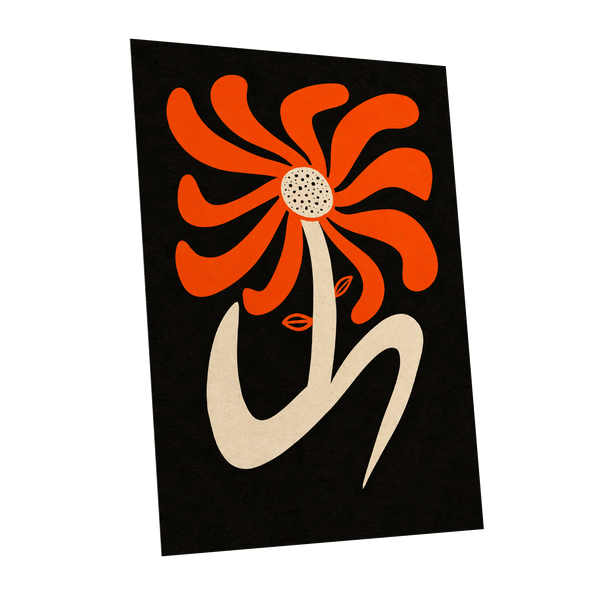 Ember Petal Dance, orange, black, beige floral wall art shown as a unframed poster wall art print