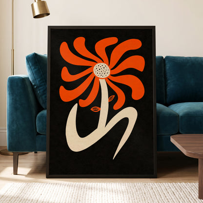 Ember Petal Dance, orange, black, beige floral wall art displayed in a styled interior, gallery view 2