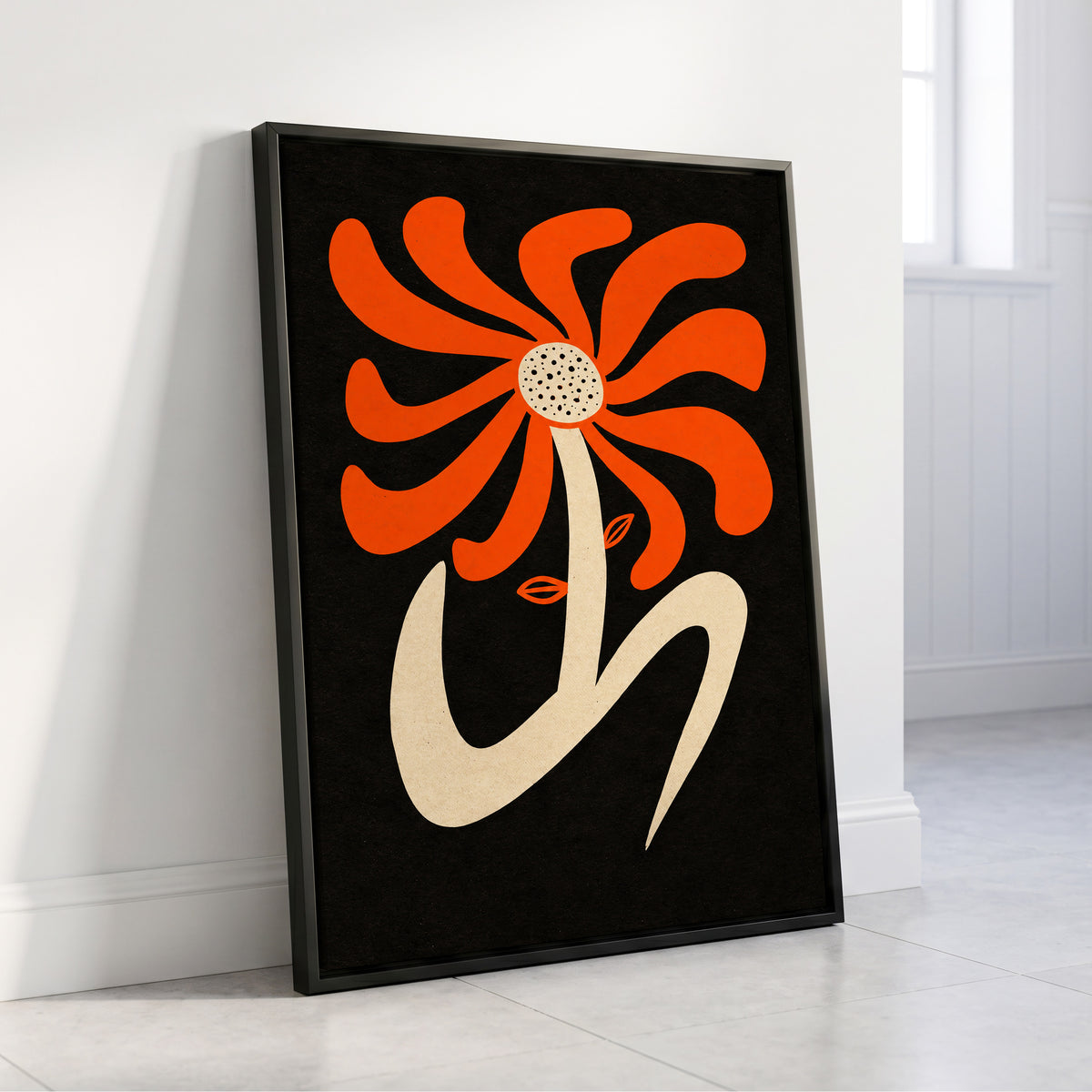 Ember Petal Dance, orange, black, beige floral wall art displayed in a styled interior, gallery view 4