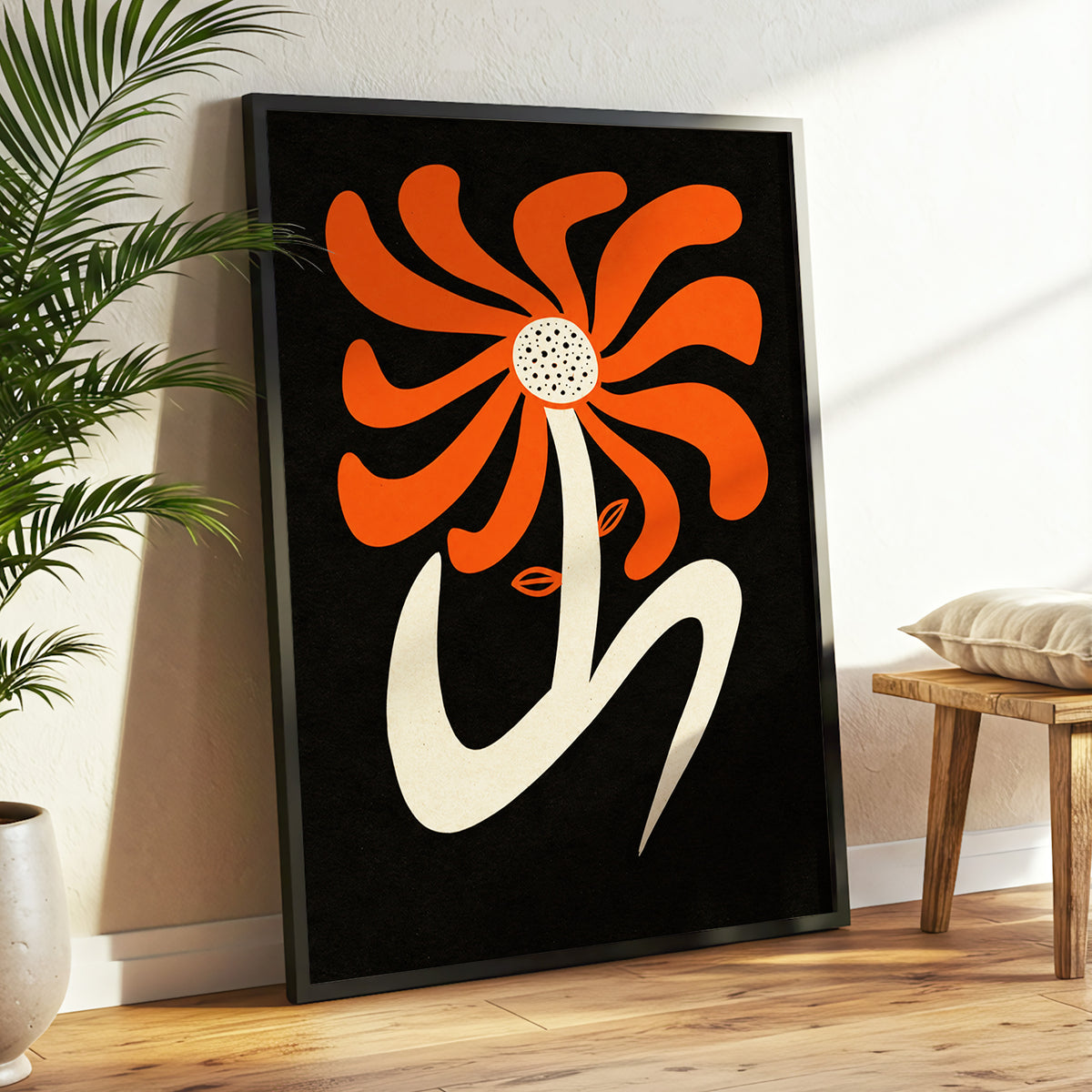 Ember Petal Dance, orange, black, beige floral wall art displayed in a styled interior, gallery view 6