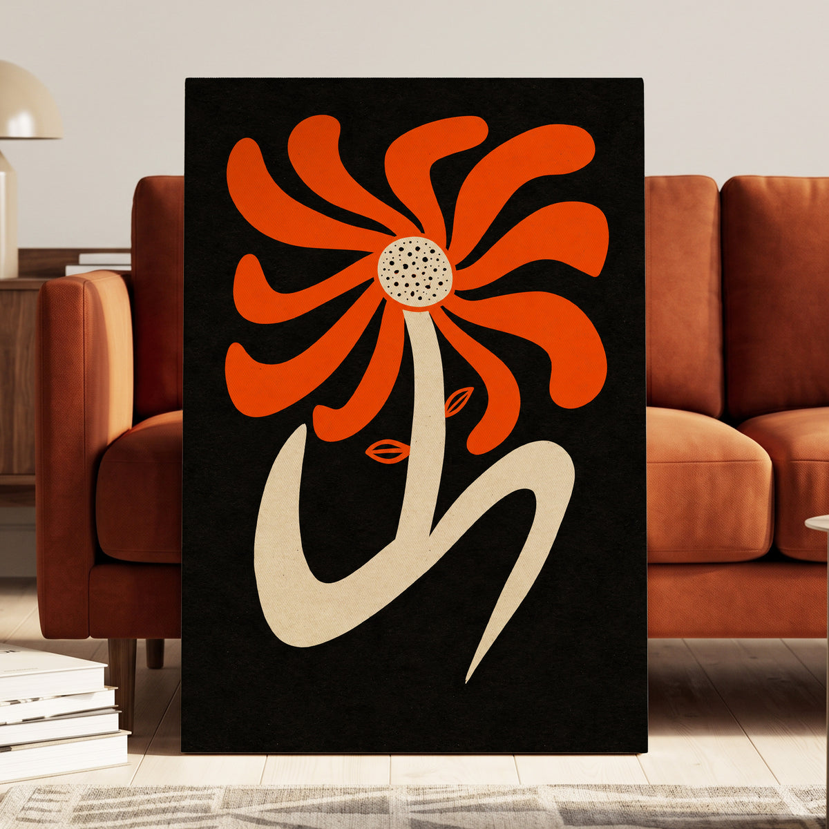 Ember Petal Dance, orange, black, beige floral wall art displayed in a styled interior, gallery view 7