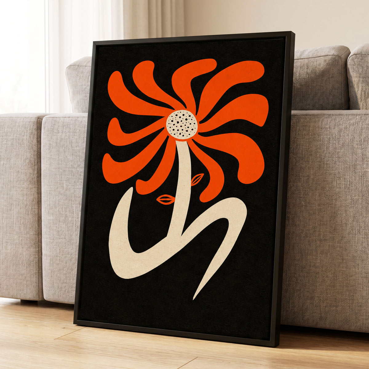 Ember Petal Dance, orange, black, beige floral wall art displayed in a styled interior, gallery view 8