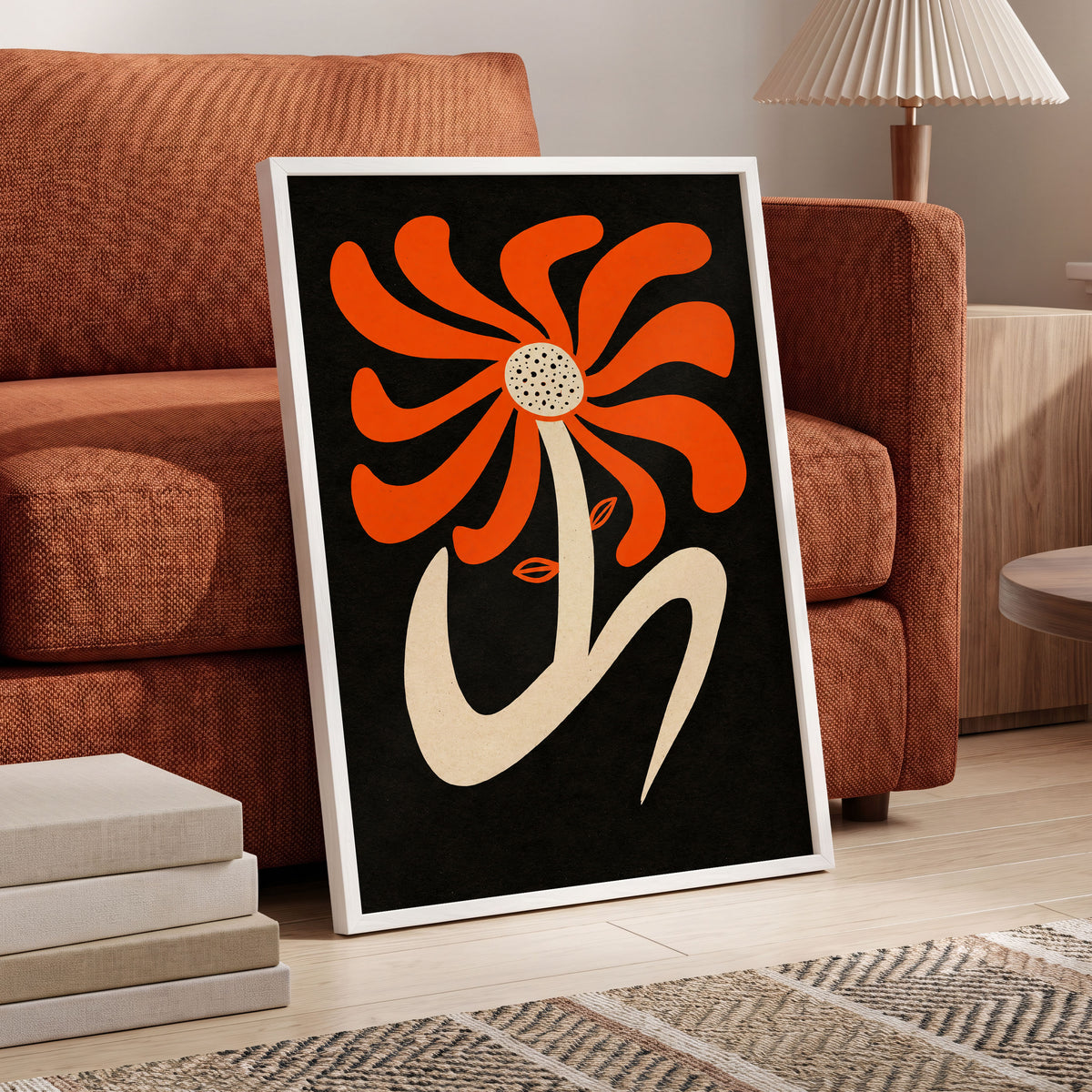Ember Petal Dance, orange, black, beige floral wall art displayed in a styled interior, gallery view 9