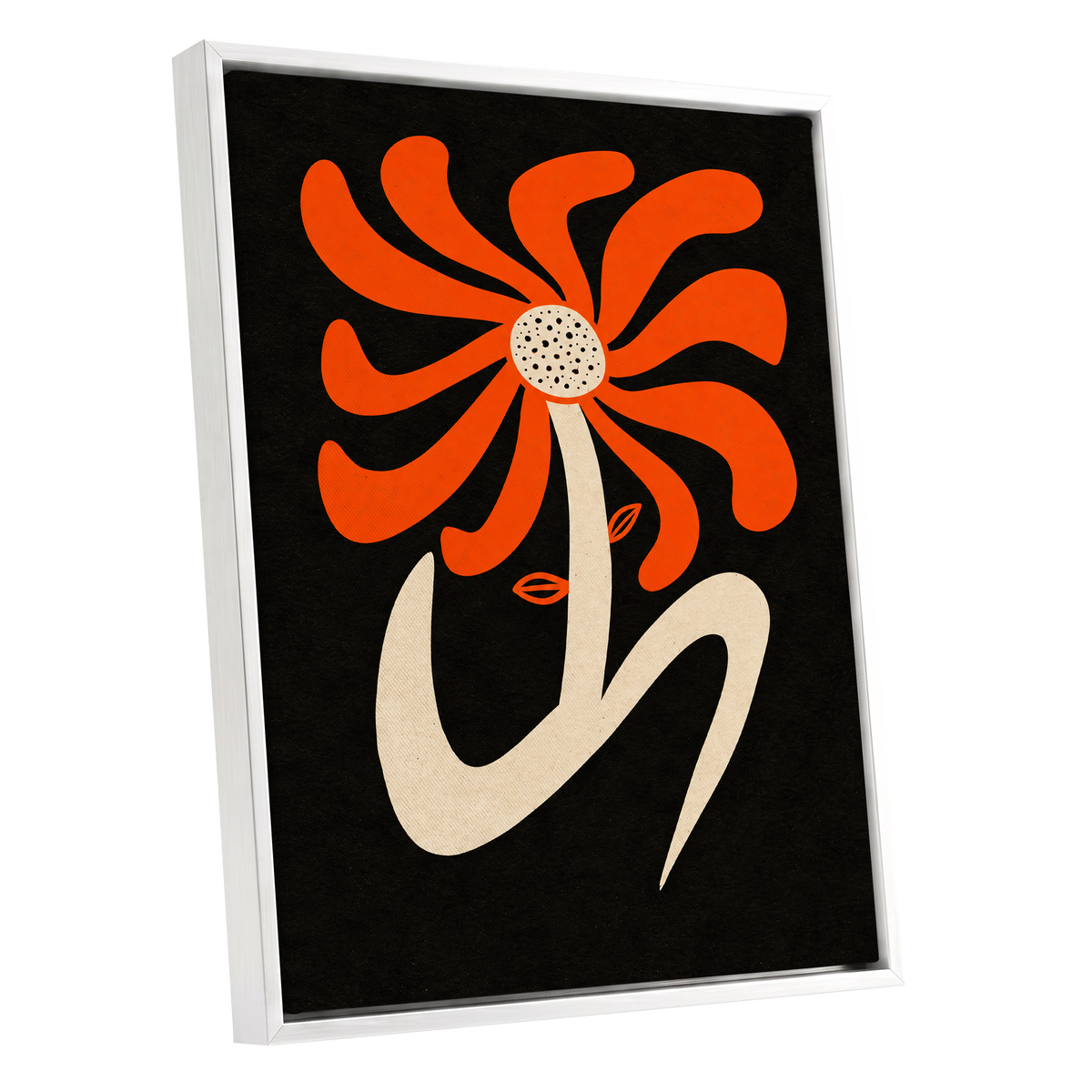 Ember Petal Dance, orange, black, beige floral wall art shown as a white framed canvas wall art