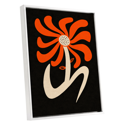 Ember Petal Dance, orange, black, beige floral wall art shown as a white framed canvas wall art
