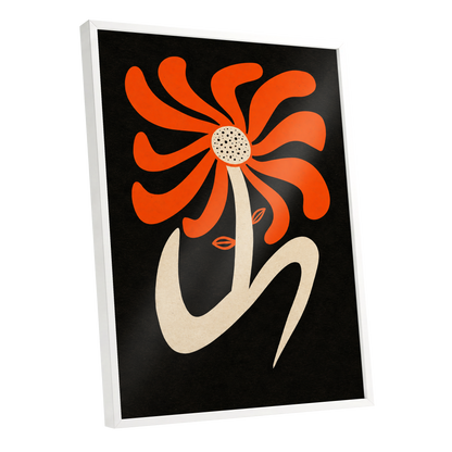 Ember Petal Dance, orange, black, beige floral wall art shown as a white framed poster wall art print