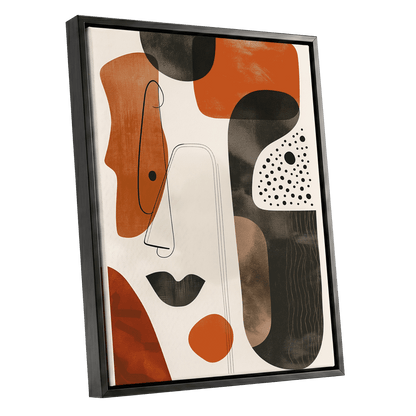 Ember Rhythm, black, beige, orange abstract wall art shown as a black framed canvas wall art