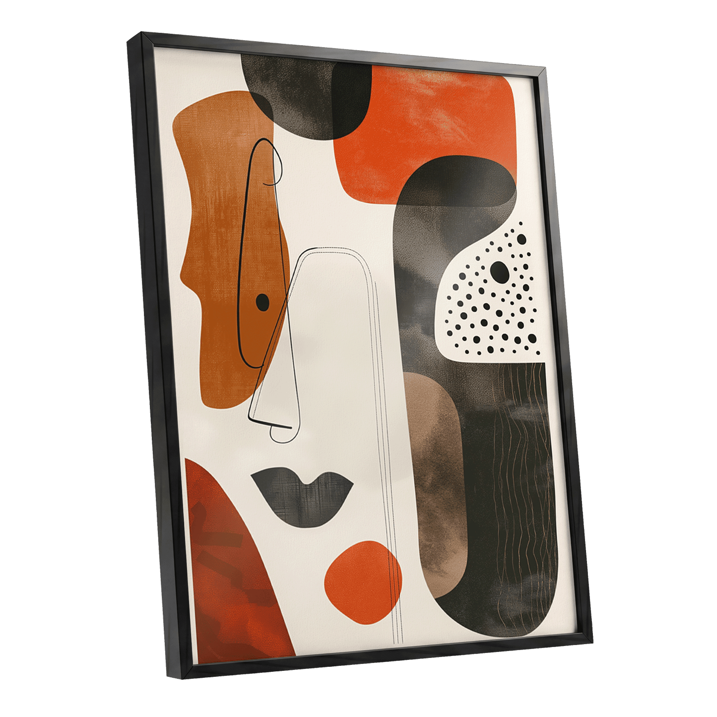 Ember Rhythm, black, beige, orange abstract wall art shown as a black framed poster wall art print