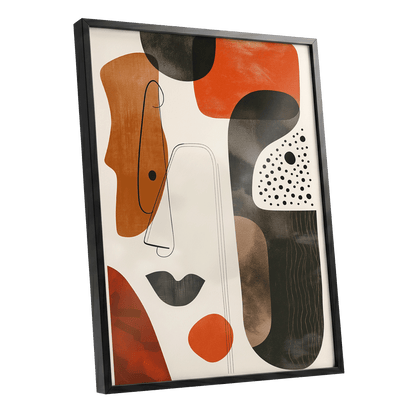 Ember Rhythm, black, beige, orange abstract wall art shown as a black framed poster wall art print