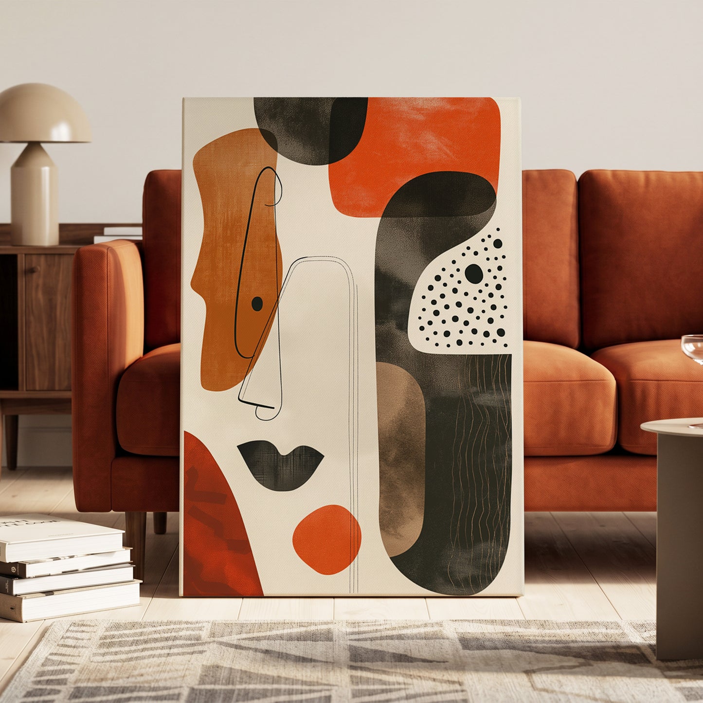 Ember Rhythm, black, beige, orange abstract wall art on canvas displayed in a styled interior, gallery view 1