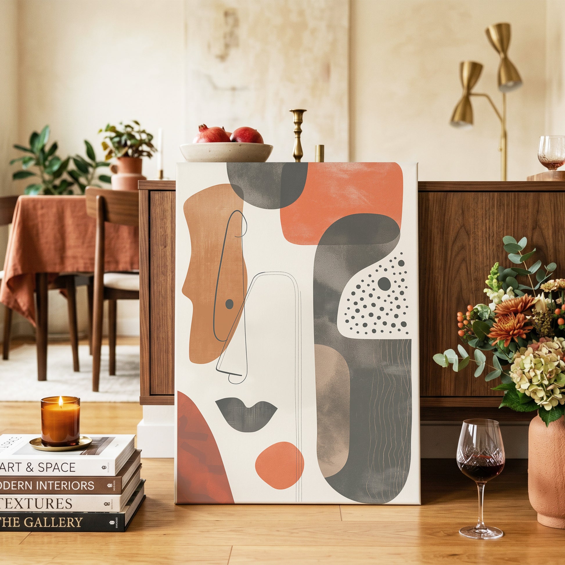 Ember Rhythm, black, beige, orange abstract wall art on canvas displayed in a styled interior, gallery view 2