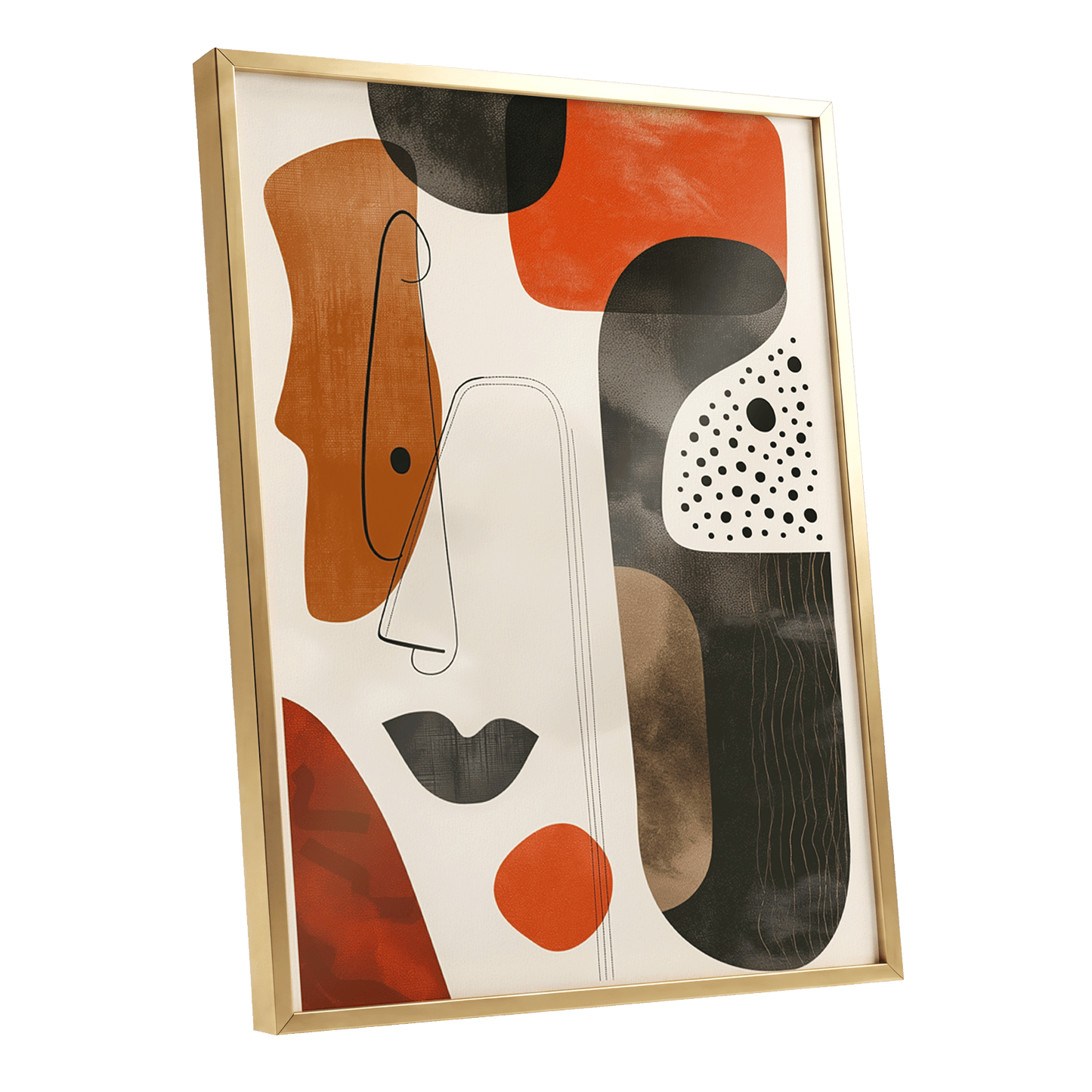 Ember Rhythm, black, beige, orange abstract wall art shown as a gold framed poster wall art print