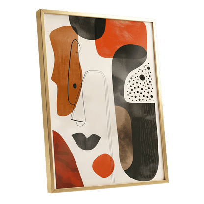 Ember Rhythm, black, beige, orange abstract wall art shown as a gold framed poster wall art print