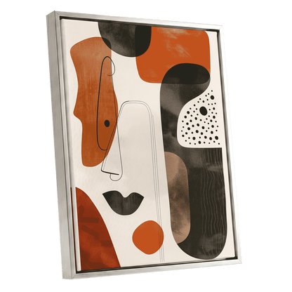Ember Rhythm, black, beige, orange abstract wall art shown as a silver framed canvas wall art