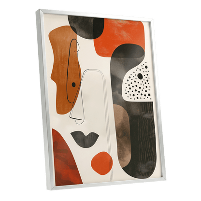 Ember Rhythm, black, beige, orange abstract wall art shown as a silver framed poster wall art print