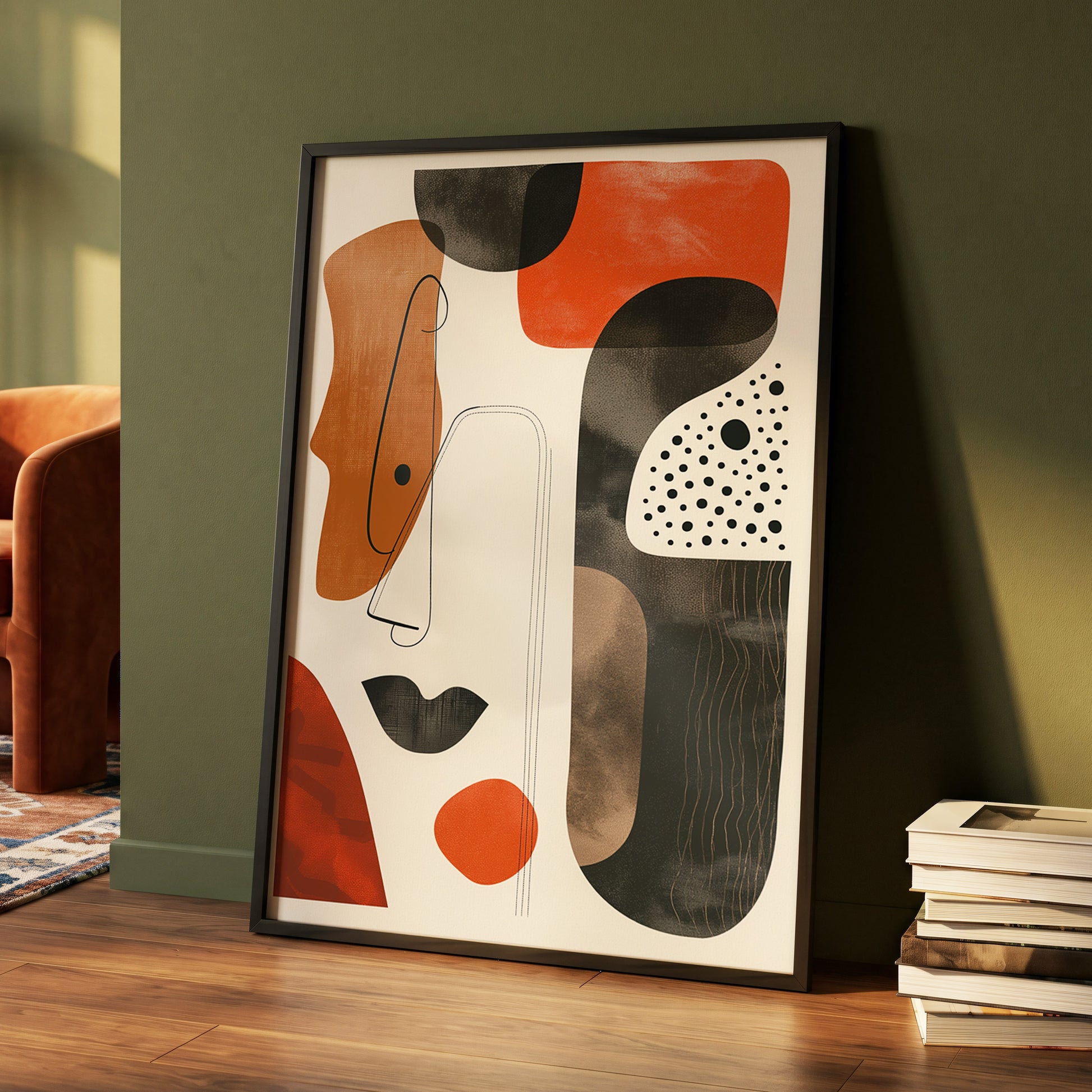 Ember Rhythm, black, beige, orange abstract wall art displayed in a styled interior, gallery view 4