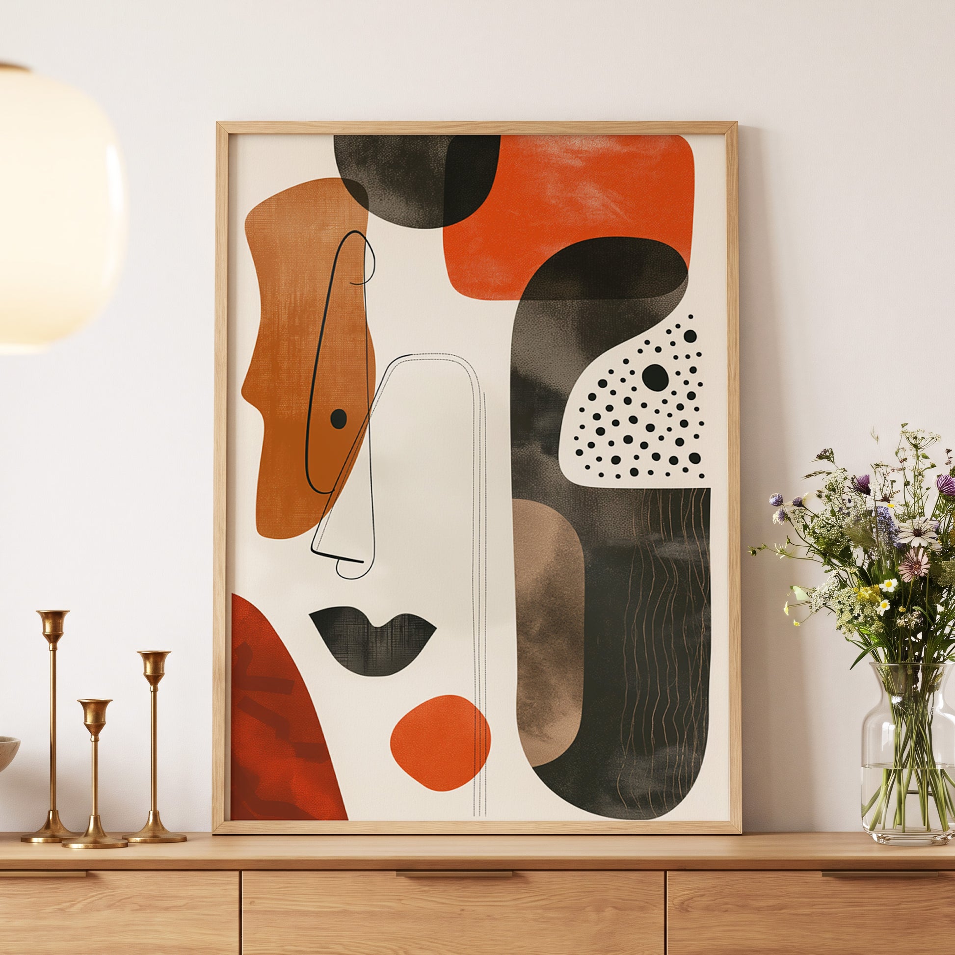 Ember Rhythm, black, beige, orange abstract wall art displayed in a styled interior, gallery view 5
