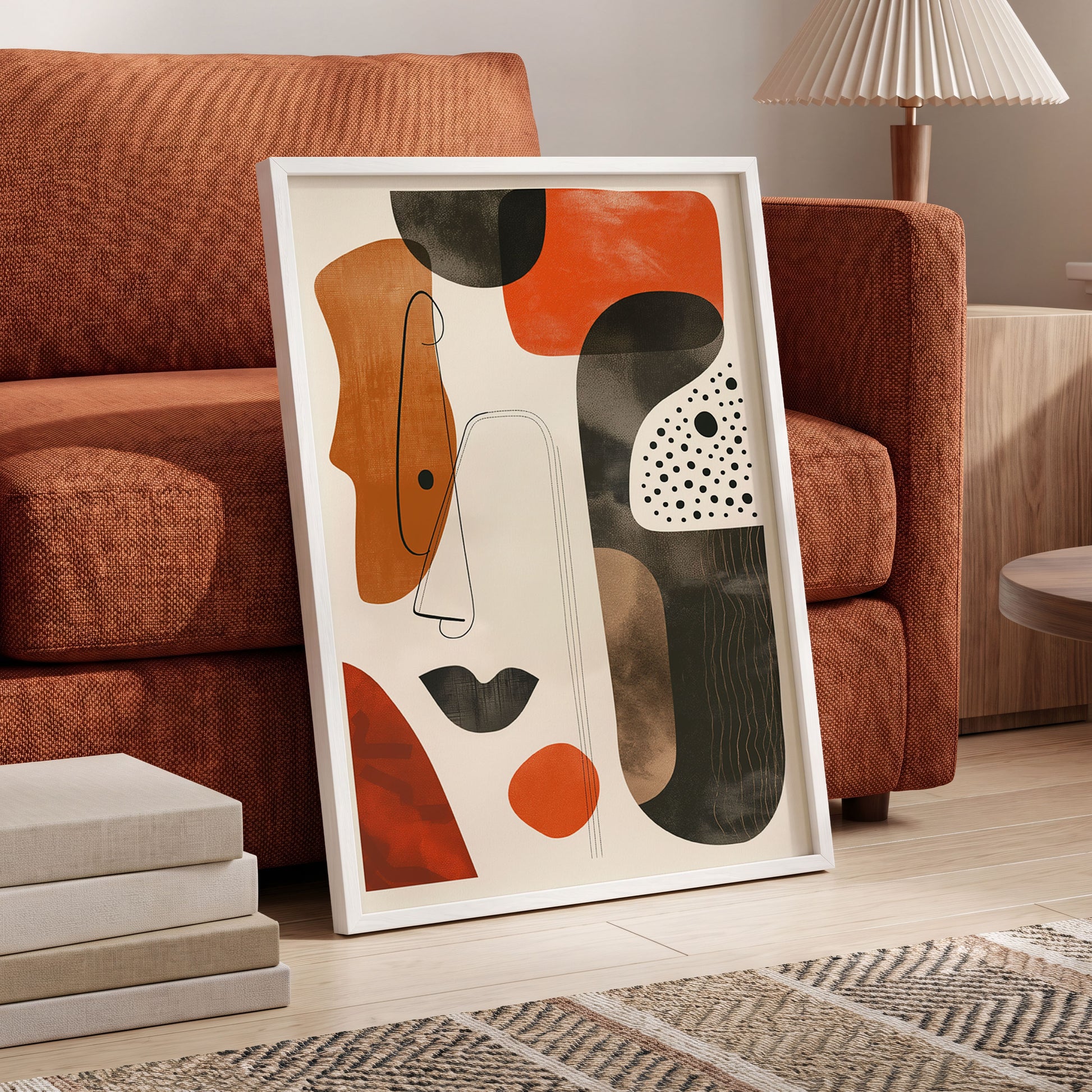 Ember Rhythm, black, beige, orange abstract wall art displayed in a styled interior, gallery view 6