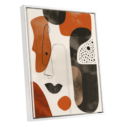 Ember Rhythm, black, beige, orange abstract wall art shown as a white framed canvas wall art